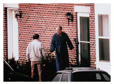 Surveillance photo of Whitey Bulger meeting with his partner<br/>Steve Flemmi outside Bugler's condo in Quincy, MA.